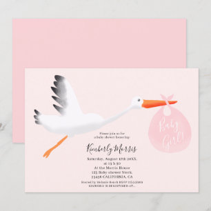 Cute stork pink bag illustration baby girl shower invitation