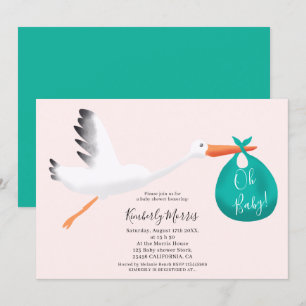 Cute stork teal bag illustration baby shower invitation