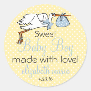 Cute Stork Yellow and Blue Baby Shower Guest Classic Round Sticker