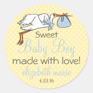 Cute Stork Yellow and Blue Baby Shower Guest Favou Classic Round Sticker