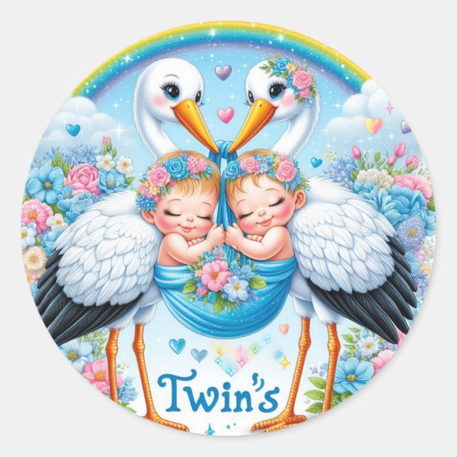 Cute Storks Carrying Twin Babies Classic Round Sticker (Front)