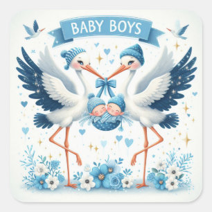 Cute Storks Carrying Twin Baby Boys Square Sticker