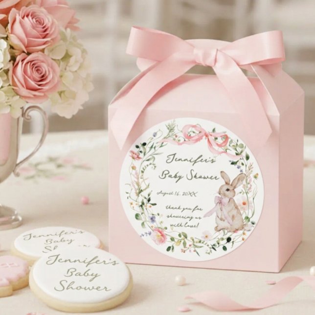 Cute Storybook Bunny Wildflower Wreath Baby Shower Classic Round Sticker (Creator Uploaded)