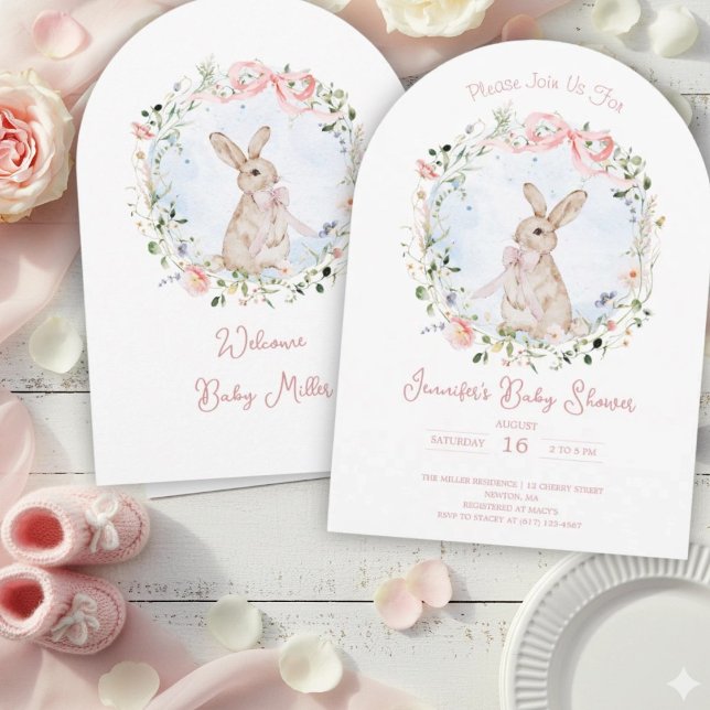 Cute Storybook Bunny Wildflower Wreath Baby Shower Invitation (Creator Uploaded)
