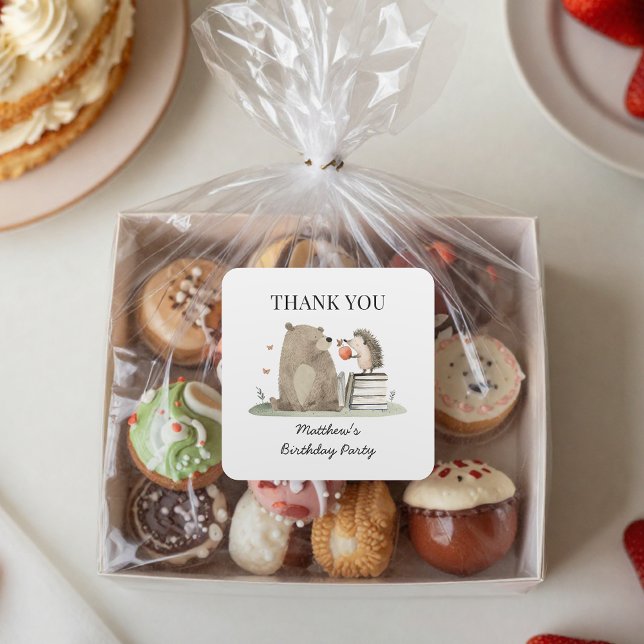 Cute Storybook Woodland Animals Birthday Thank You Square Sticker (Creator Uploaded)