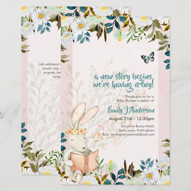 Cute Storytime Bunny baby Shower Gender Reveal Inv (Front/Back)