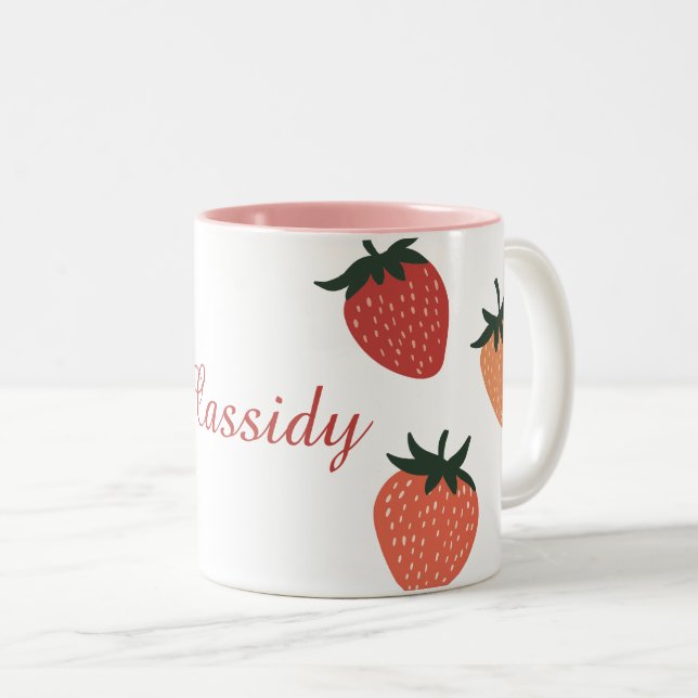 Cute Strawberries and Custom Name Two-Tone Coffee Mug (Front Right)