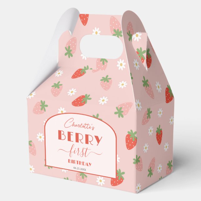 Cute Strawberries Berry First 1st Birthday Gable Favour Box (Front)