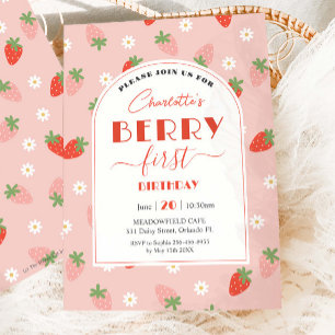 Cute Strawberries Berry First 1st Birthday Invitation