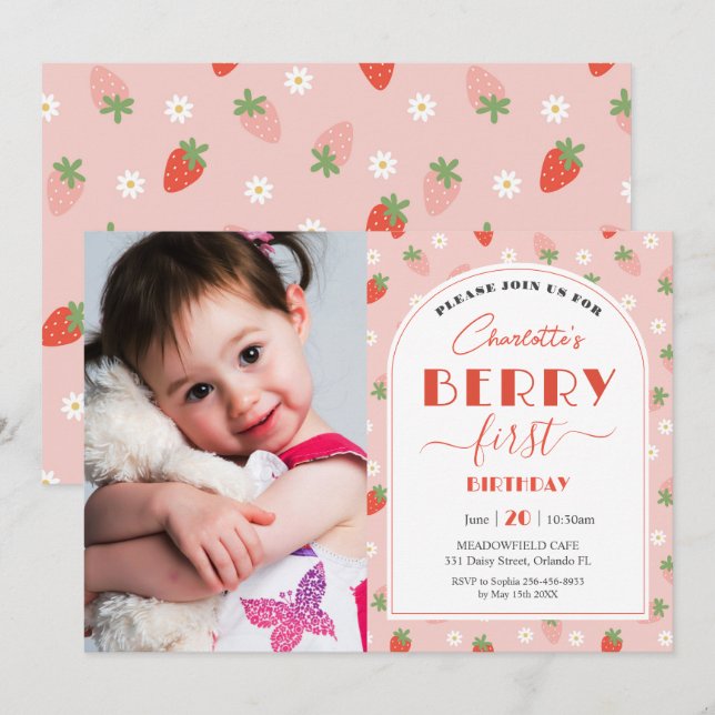 Cute Strawberries Berry First 1st Birthday Photo Invitation (Front/Back)