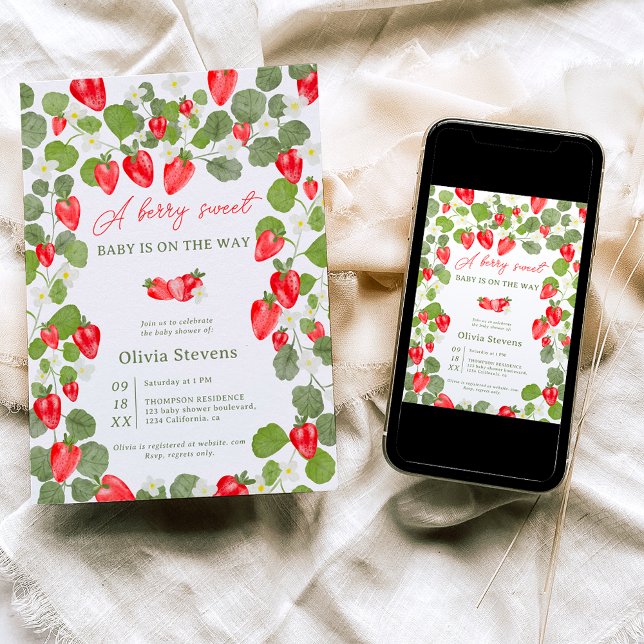 Cute strawberries floral red berry baby shower invitation (Creator Uploaded)
