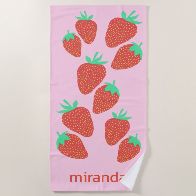 Cute Strawberries Fruity Fun CUSTOM NAME Beach Towel (Front)