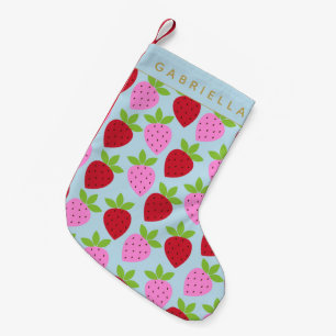 Cute Strawberries in Pink Red Blue Personalised Small Christmas Stocking