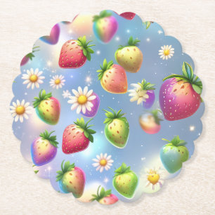 Cute strawberries rainbow birthday party paper coaster