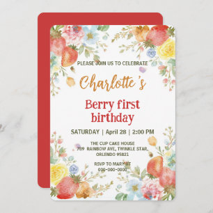 Cute strawberries rainbow pattern 1st birthday invitation