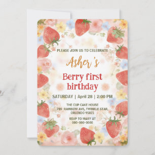 Cute strawberries rainbow pattern 1st birthday invitation