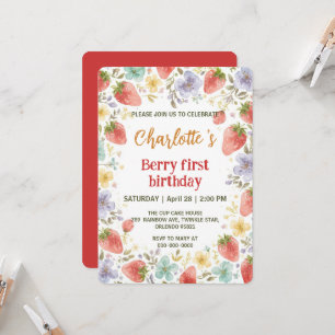 Cute strawberries rainbow pattern 1st birthday invitation