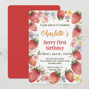 Cute strawberries rainbow pattern 1st birthday invitation