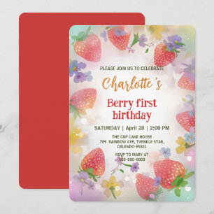 Cute strawberries rainbow pattern 1st birthday invitation