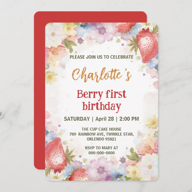 Cute strawberries rainbow pattern 1st birthday invitation (Front/Back)