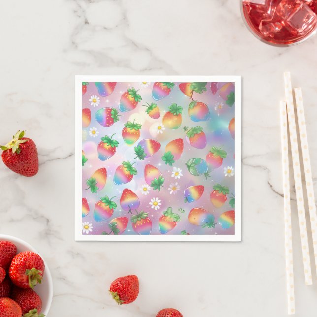Cute strawberries rainbow pattern birthday party napkin (Insitu)