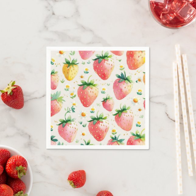 Cute strawberries rainbow pattern birthday party napkin (Insitu)