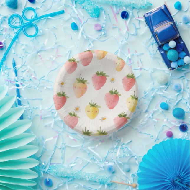 Cute strawberries rainbow pattern birthday party paper plate (Party)