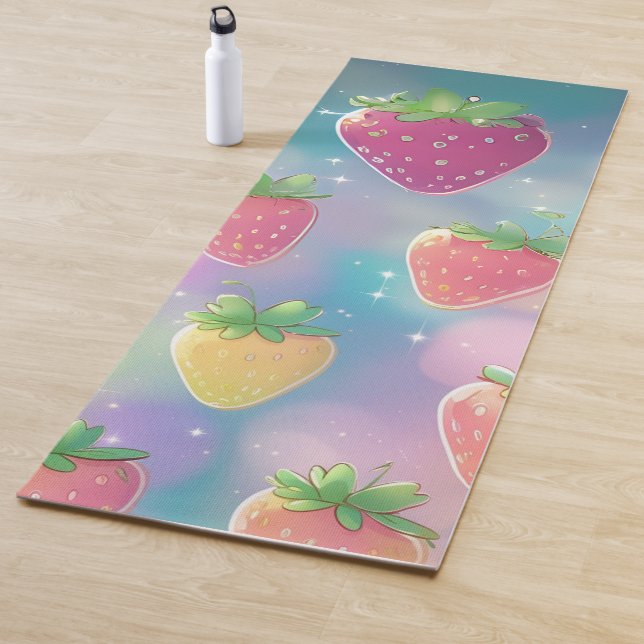 Cute strawberries rainbow pattern party yoga mat (In Situ)