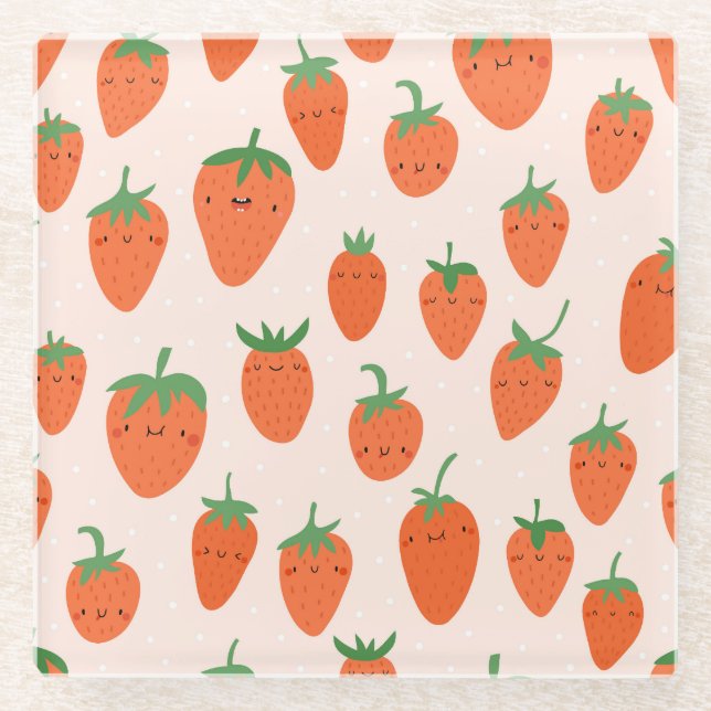 Cute Strawberries: Vintage Cartoon Pattern Glass Coaster (Front)