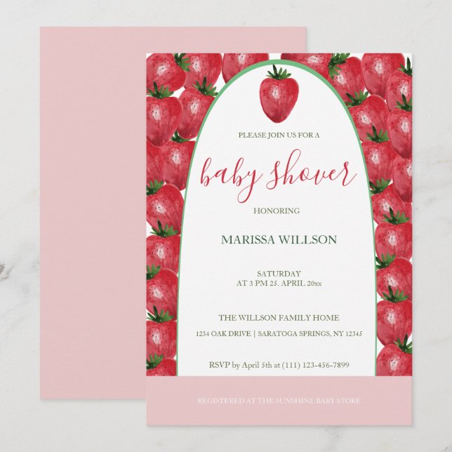 Cute Strawberries Watercolor Hand-painted Invitation (Front/Back)