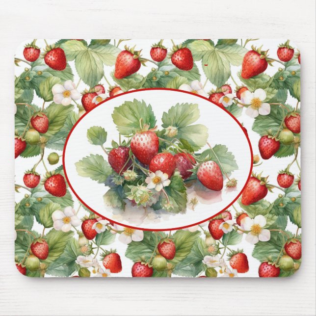 Cute Strawberries Watercolor Mouse Mat (Front)