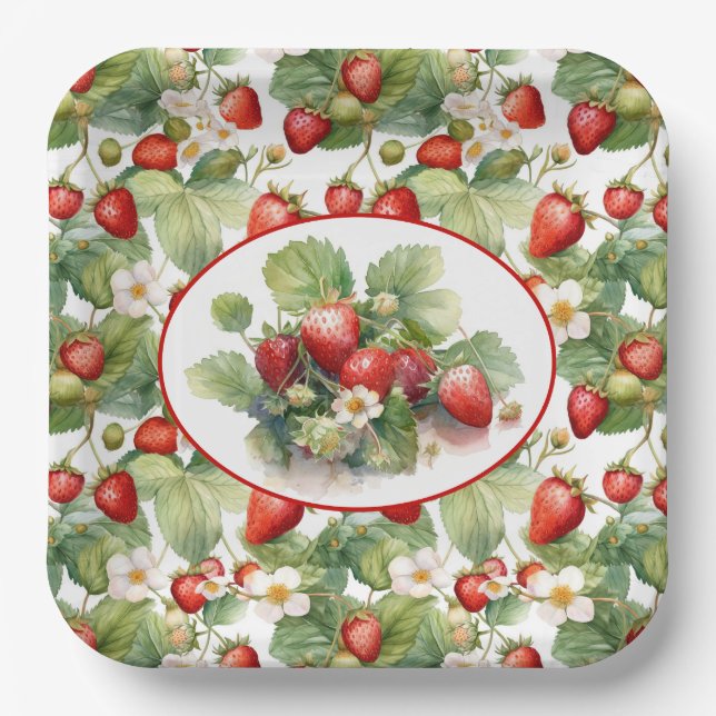 Cute Strawberries Watercolor Paper Plate (Front)