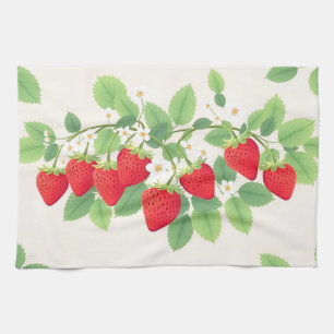Cute Strawberries With Green Leaves And Flowers Tea Towel