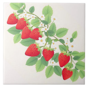 Cute Strawberries With Green Leaves And Flowers Tile