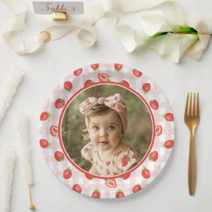 Cute Strawberry 1st Birthday Berry First Photo Paper Plate