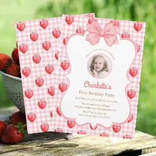 Cute Strawberry 1st Birthday Photo Invitation