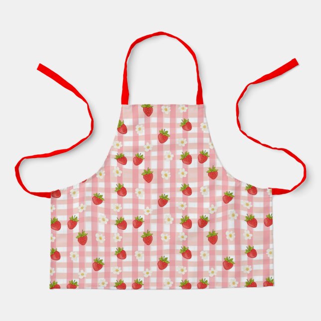 Cute strawberry and flowers on a pink gingham apron (Front)