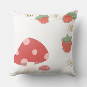 Cute Strawberry and Mushroom Cottagecore Illustrat Cushion