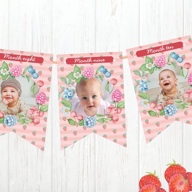 Cute Strawberry Berry First 1st Birthday 12 Photo Bunting (Creator Uploaded)