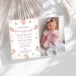 Cute Strawberry Berry First 1st Birthday Photo Invitation