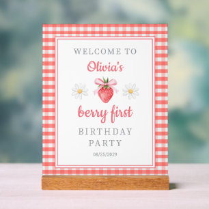 Cute Strawberry Berry First Birthday Welcome Acrylic Sign