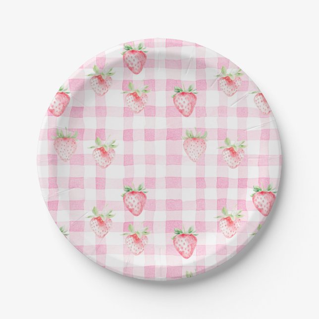 Cute Strawberry Berry Pink Gingham Brithday Paper Plate (Front)