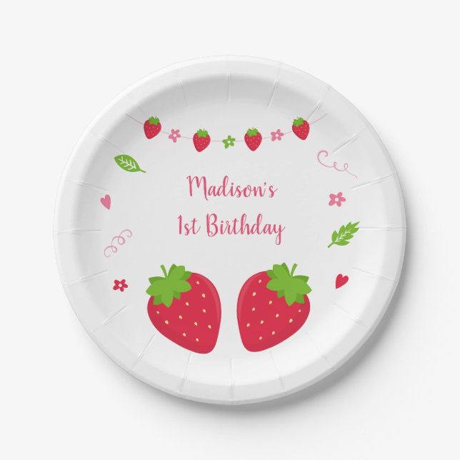 Cute Strawberry Berry Sweet Birthday Paper Plate (Front)