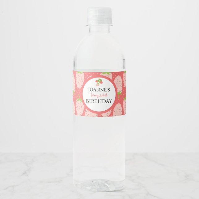 Cute Strawberry Birthday Berry First Water Bottle Label (Front)