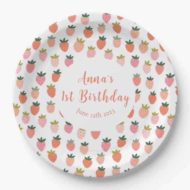 Cute Strawberry Birthday Paper Plates (Front)