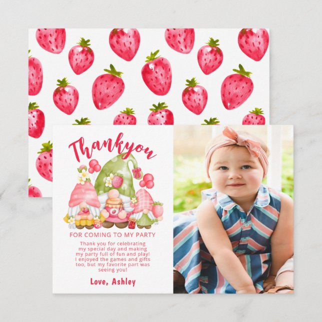 Cute Strawberry Birthday Photo Thank You Card (Front/Back)