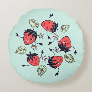 Cute Strawberry Characters Round Cushion