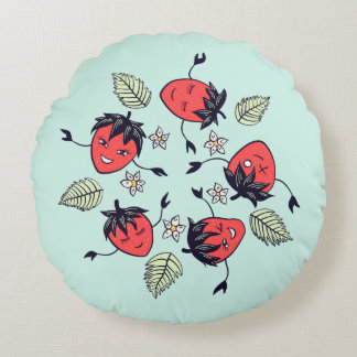 Cute Strawberry Characters Round Cushion