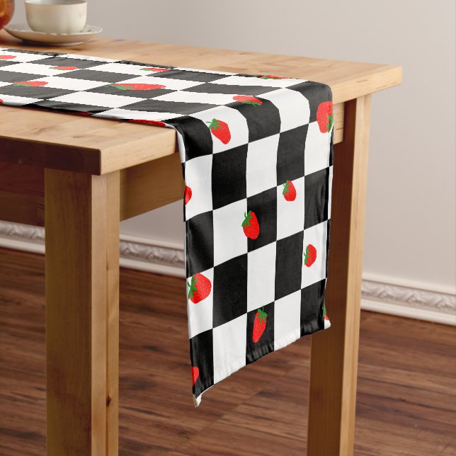cute strawberry chequerboard pattern short table runner (In Situ)