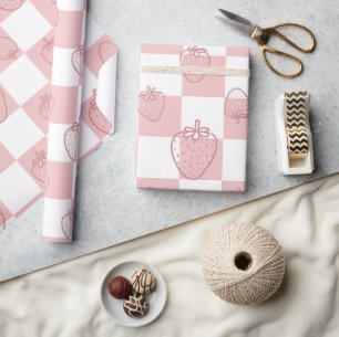 cute strawberry chequerboard pattern wrapping paper